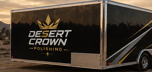 Desert Crown branded trailer at desert sunset
